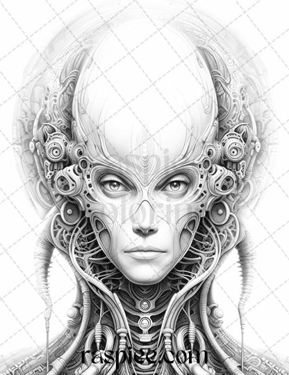65 Alien Portrait Grayscale Coloring Pages for Adults, Printable PDF File Instant Download