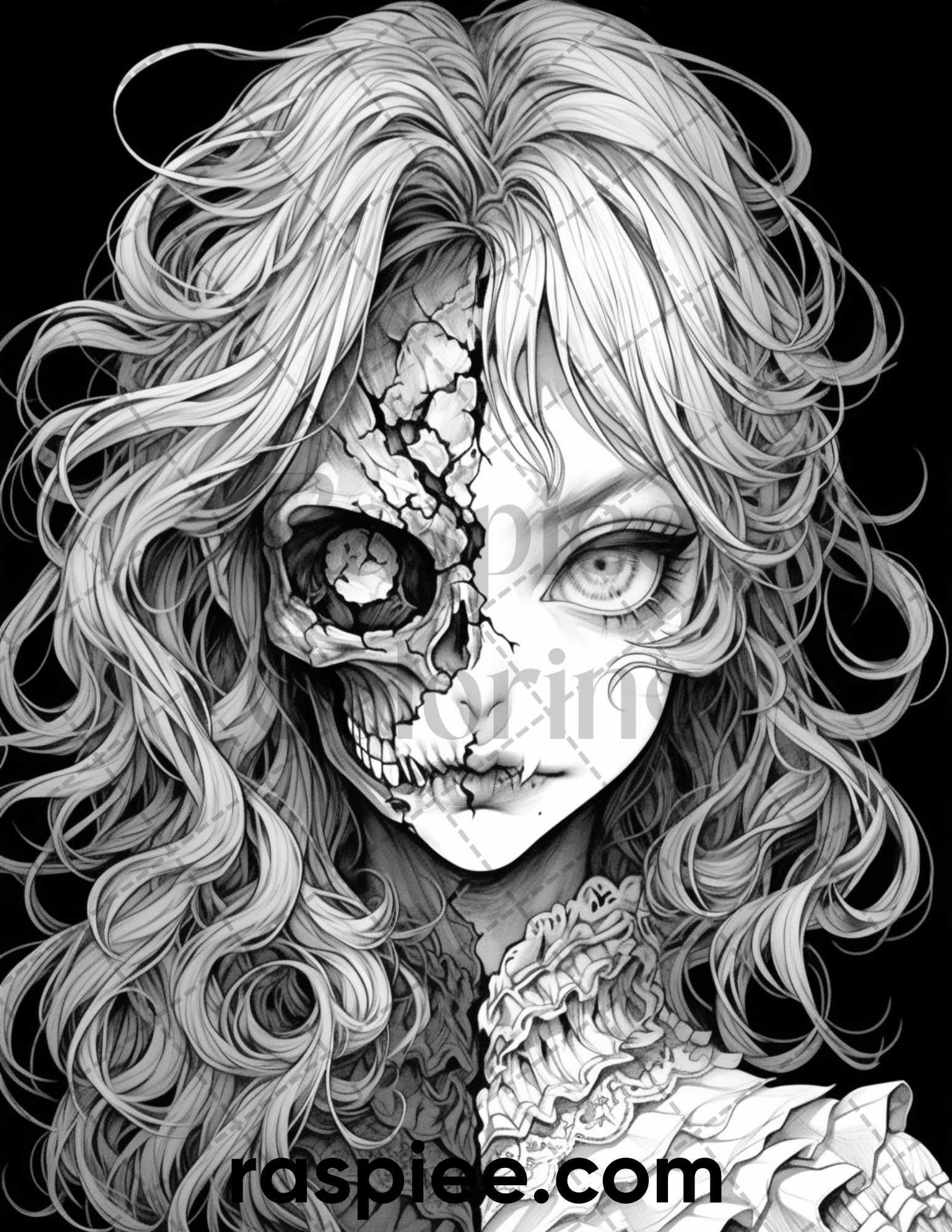 60 Horror Beauties Grayscale Coloring Pages Printable for Adults, PDF File Instant Download