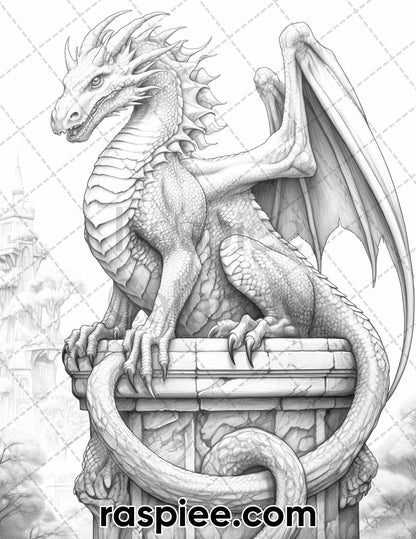 60 Mythical Creatures Grayscale Coloring Pages for Adults, Printable PDF Instant Download