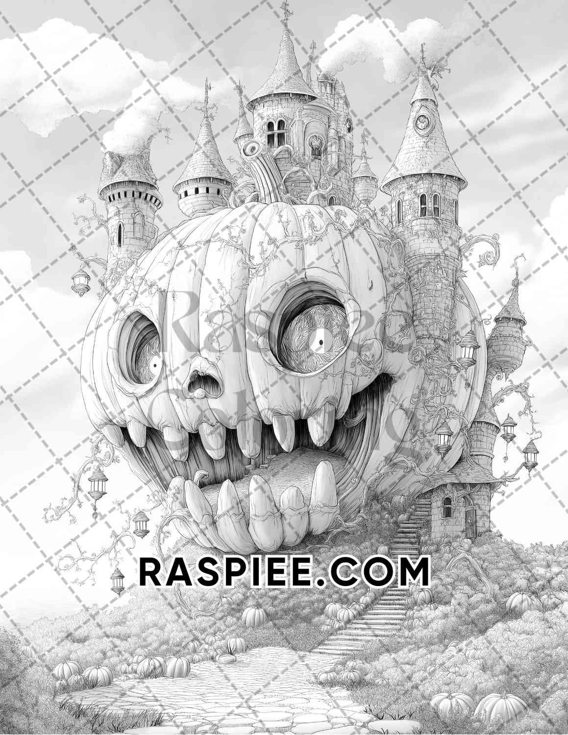 Fantasy Giant Pumpkin Castles Adult Coloring Pages Printable PDF Instant Download