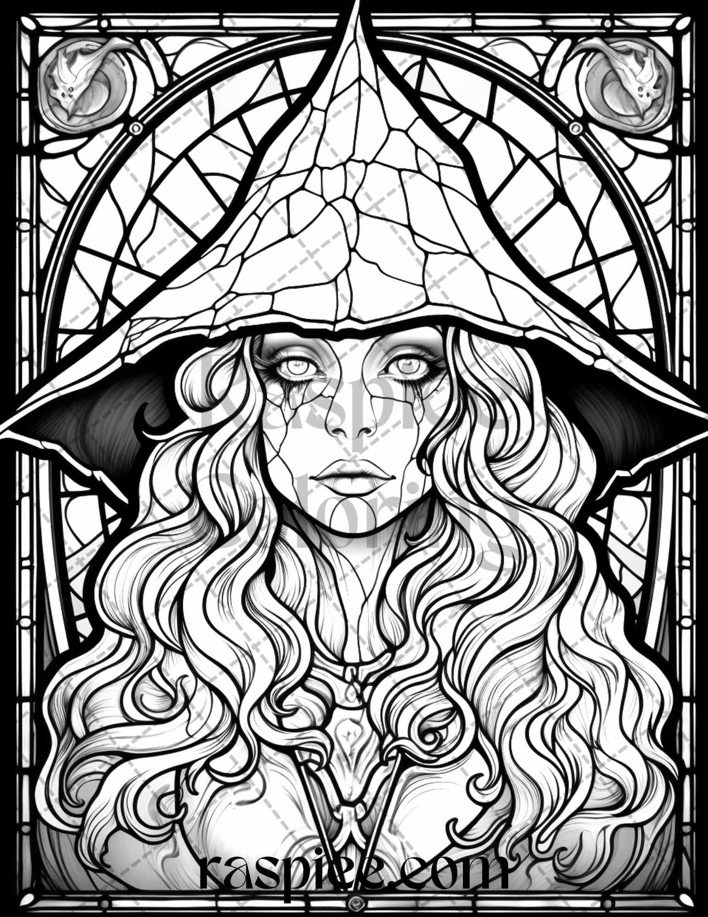70 Halloween Stained Glass Grayscale Coloring Pages Printable for Adults, PDF File Instant Download