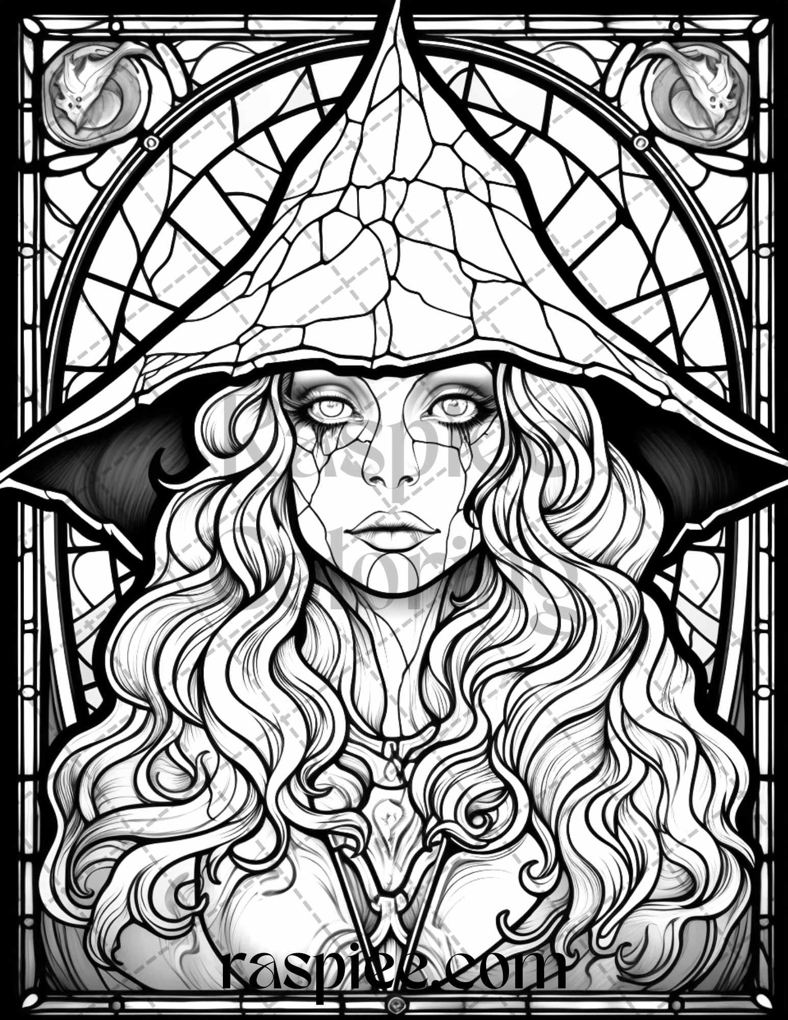 70 Halloween Stained Glass Grayscale Coloring Pages Printable for Adults, PDF File Instant Download