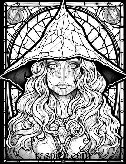 70 Halloween Stained Glass Grayscale Coloring Pages Printable for Adults, PDF File Instant Download