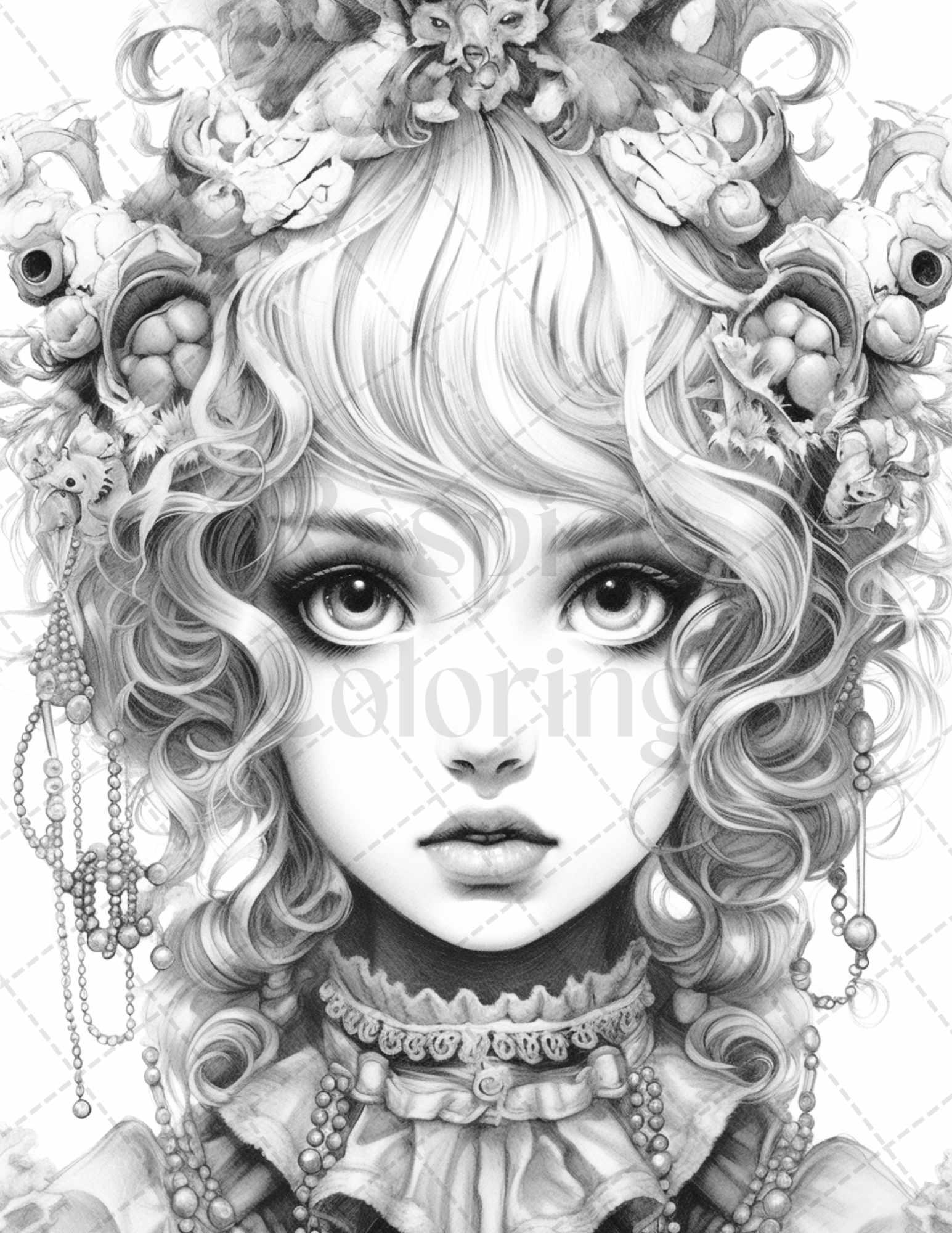 60 Adorable Gothic Girls Grayscale Coloring Pages Printable for Adults, PDF File Instant Download