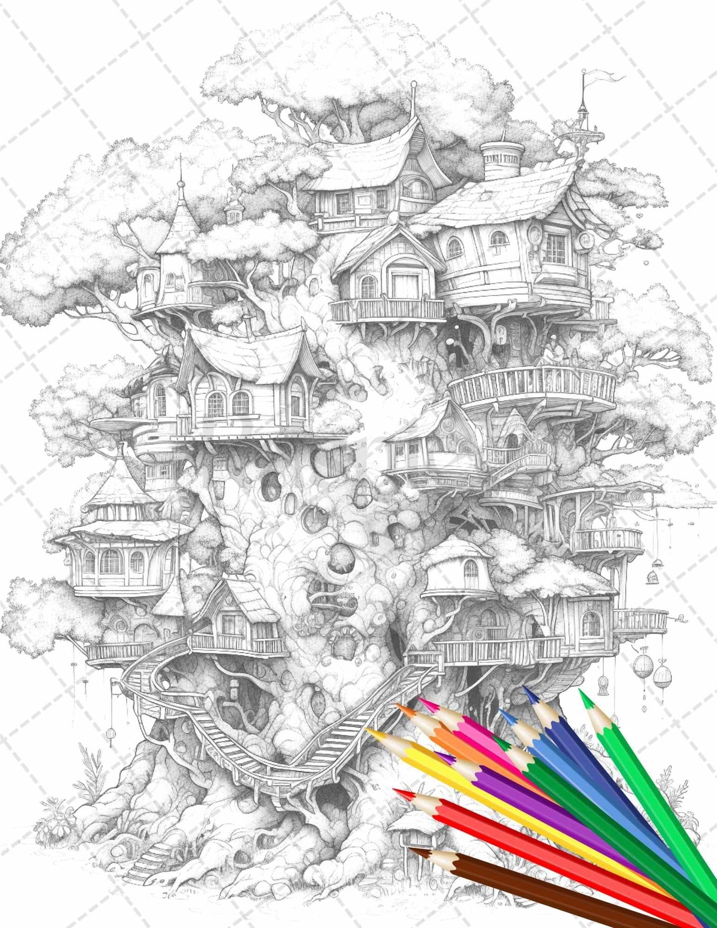 110 Enchanted Treehouse Coloring Book Printable for Adults, Grayscale Coloring Page, PDF File Instant Download