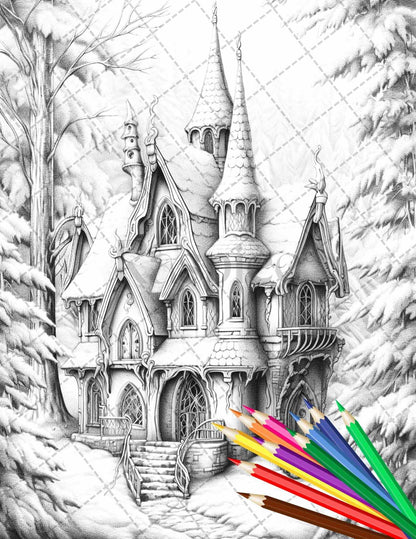63 Winter Fairy Houses Grayscale Coloring Pages Printable for Adults, PDF File Instant Download