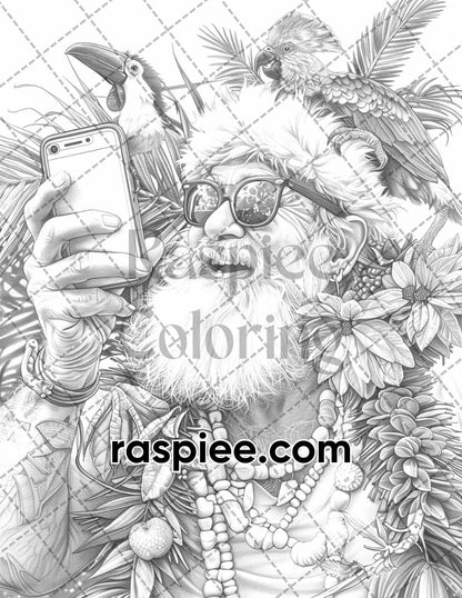 60 Santa Christmas in July Grayscale Adult Coloring Pages Printable PDF Instant Download