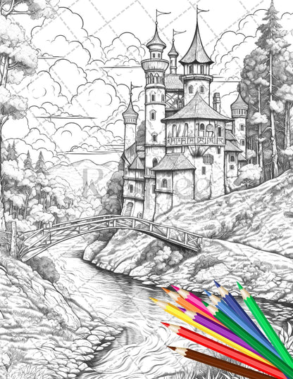 122 Fantasy Castles Coloring Book for Adults, Grayscale Coloring Page, Printable PDF Instant Download