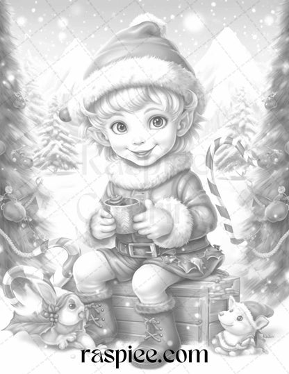 110 Christmas Elves Grayscale Coloring Pages Printable for Adults Kids, PDF File Instant Download