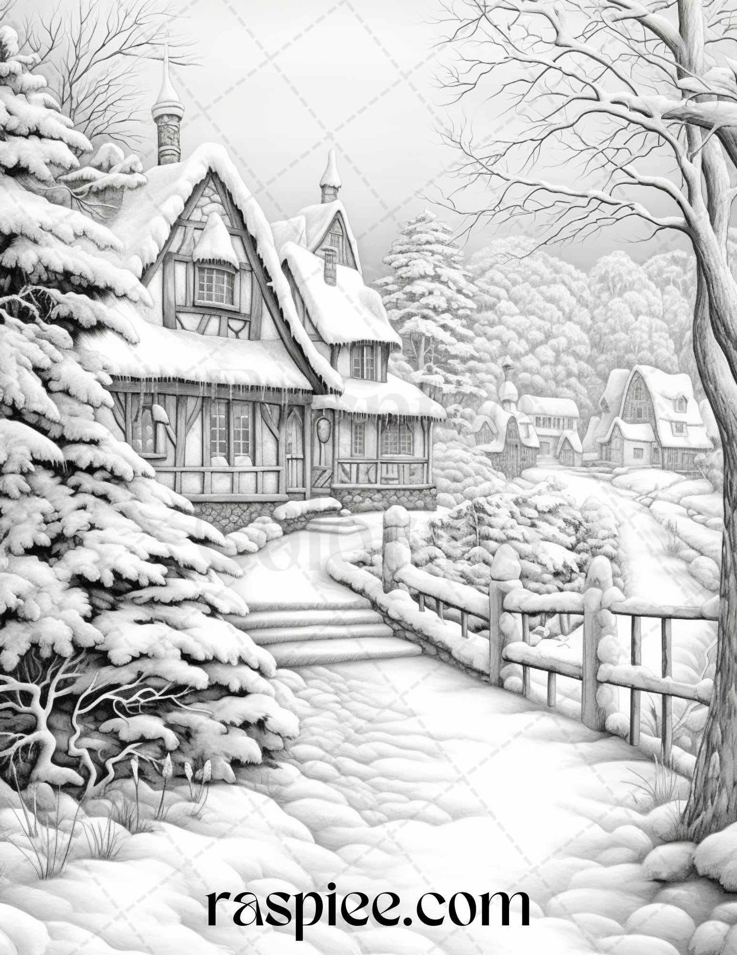 Winter Scenery Grayscale Coloring Pages Printable, Relaxing Snowy Landscapes, PDF File Instant Download