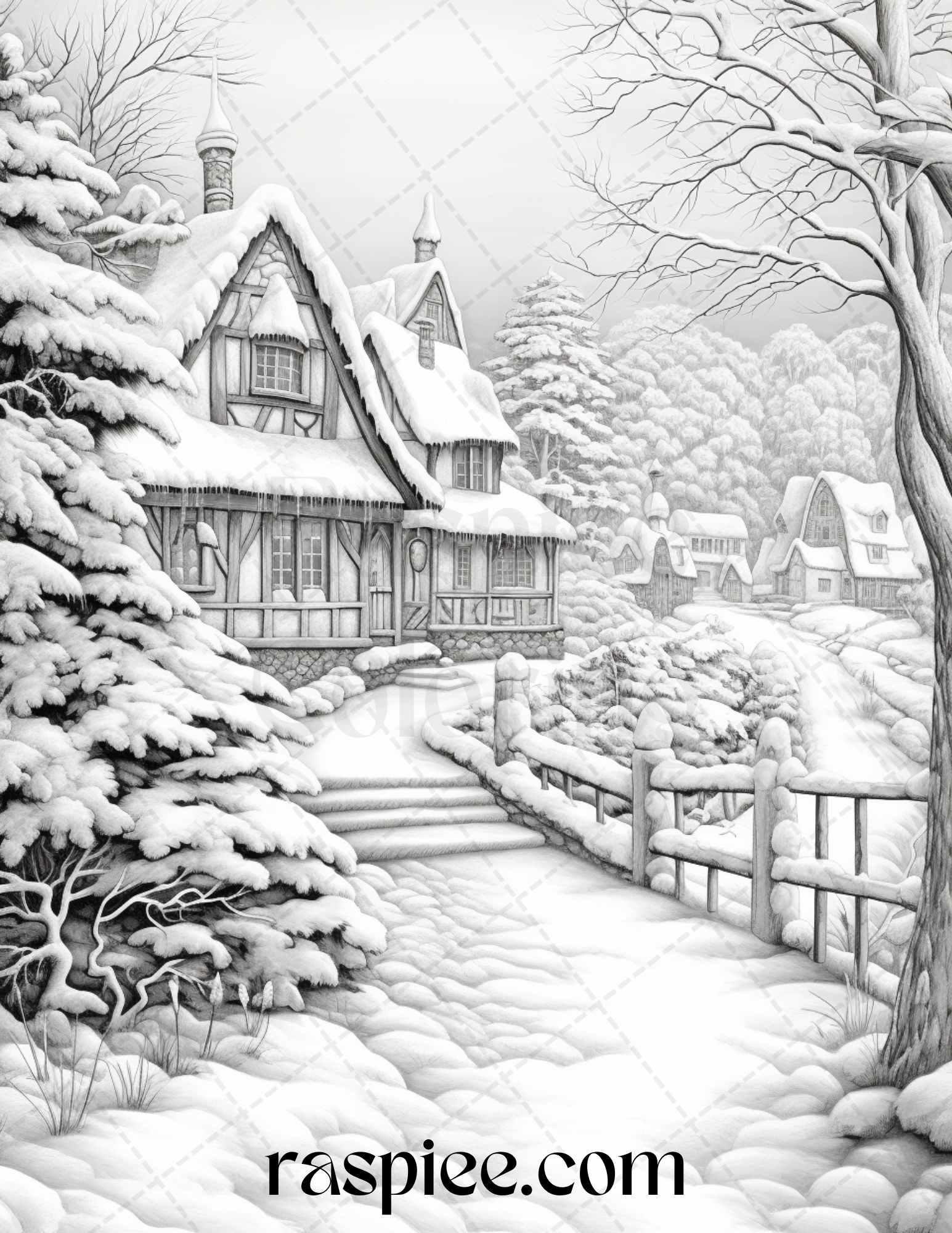 Winter Scenery Grayscale Coloring Pages Printable, Relaxing Snowy Landscapes, PDF File Instant Download