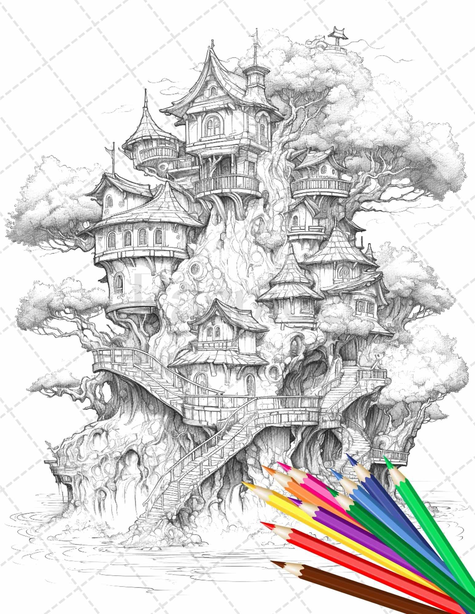 110 Enchanted Treehouse Coloring Book Printable for Adults, Grayscale Coloring Page, PDF File Instant Download