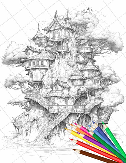 110 Enchanted Treehouse Coloring Book Printable for Adults, Grayscale Coloring Page, PDF File Instant Download