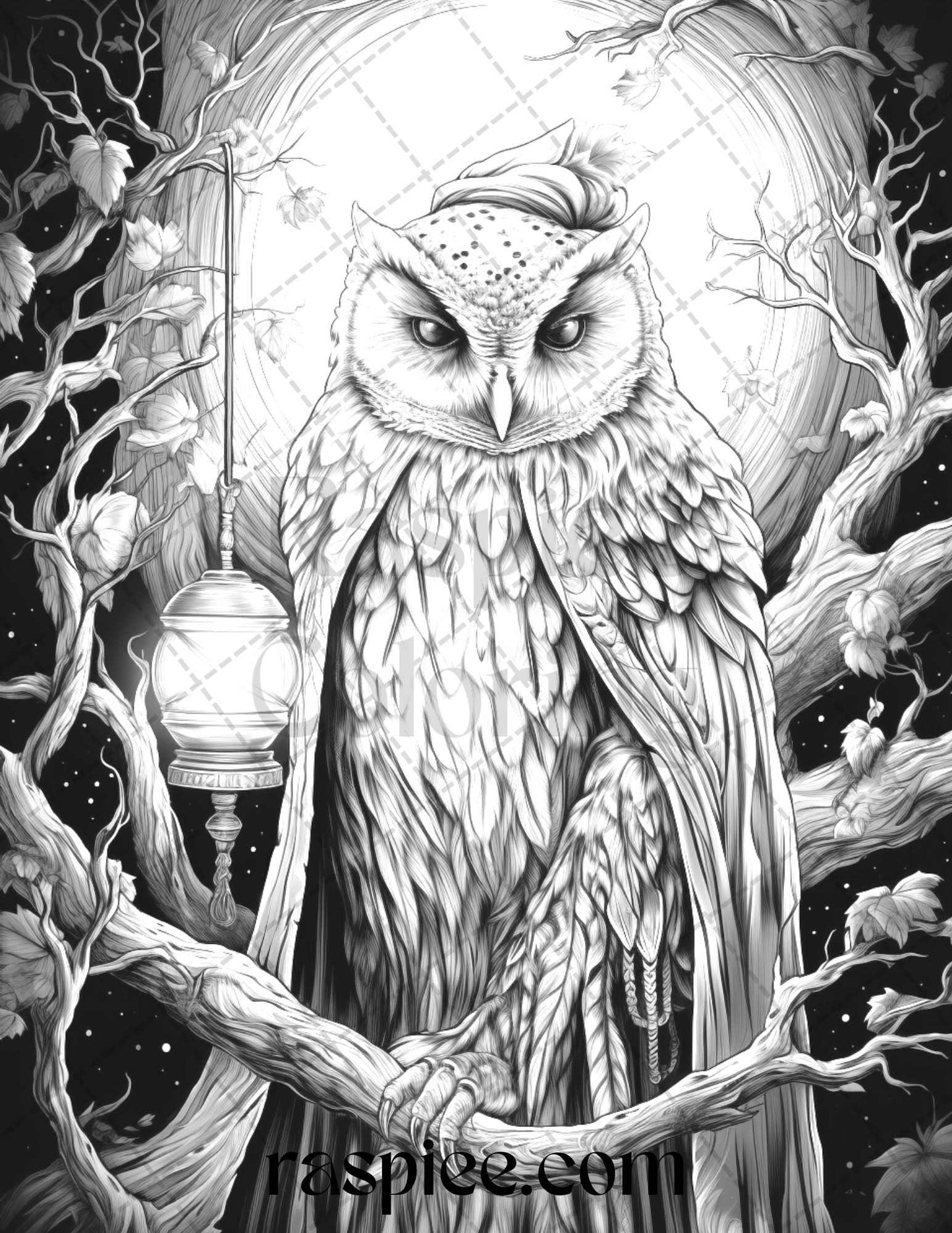 Halloween Witch Owl Grayscale Coloring Pages for Adults and Kids, Printable PDF Instant Download