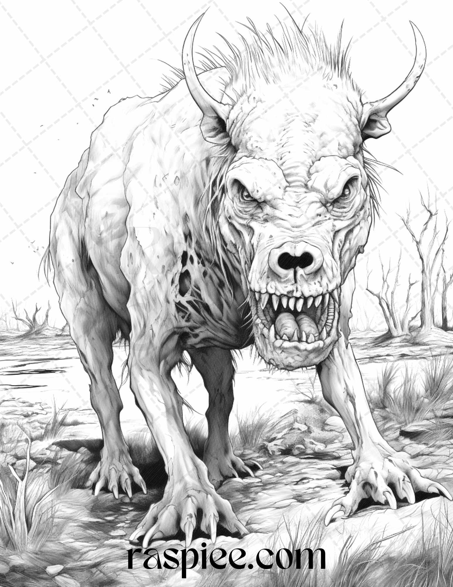 66 Horror Zombie Animals Grayscale Coloring Pages Printable for Adults, PDF File Instant Download