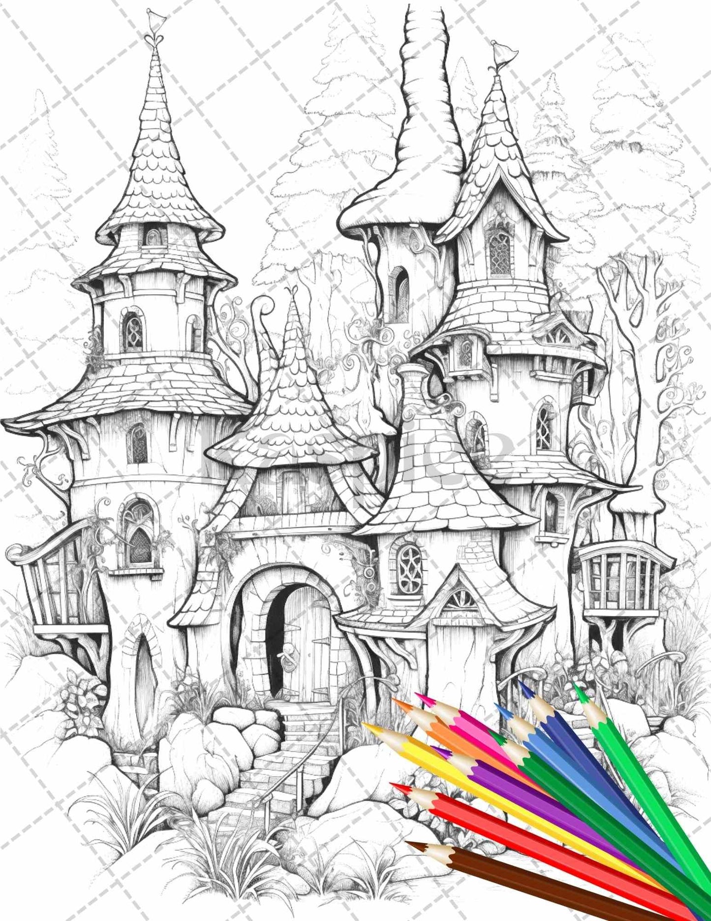 63 Winter Fairy Houses Grayscale Coloring Pages Printable for Adults, PDF File Instant Download