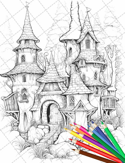 63 Winter Fairy Houses Grayscale Coloring Pages Printable for Adults, PDF File Instant Download
