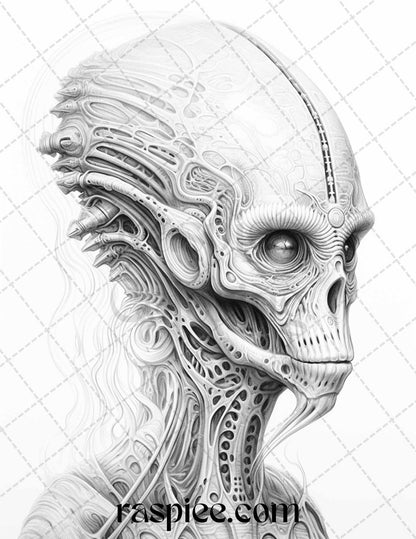 65 Alien Portrait Grayscale Coloring Pages for Adults, Printable PDF File Instant Download