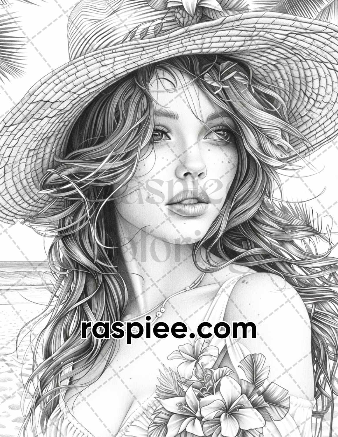 70 Beautiful Tropical Girls Grayscale Adult Coloring Pages Printable PDF Instant Download
