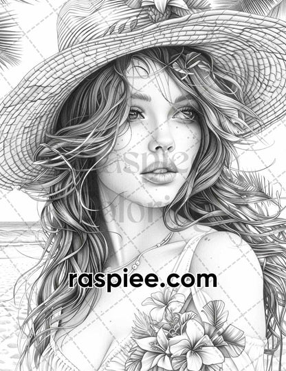 70 Beautiful Tropical Girls Grayscale Adult Coloring Pages Printable PDF Instant Download