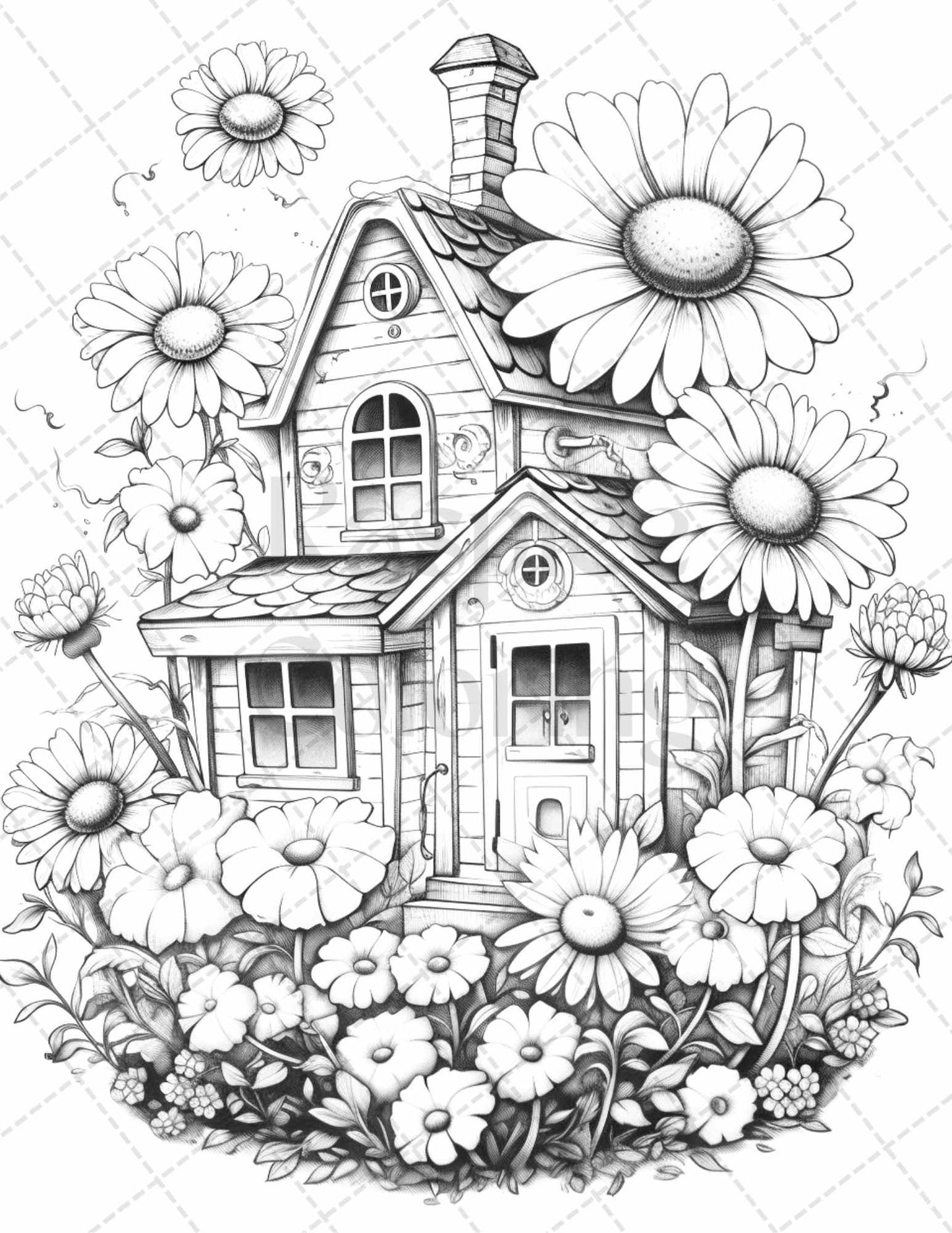 60 Flower Houses Grayscale Coloring Pages Printable for Adults, PDF File Instant Download