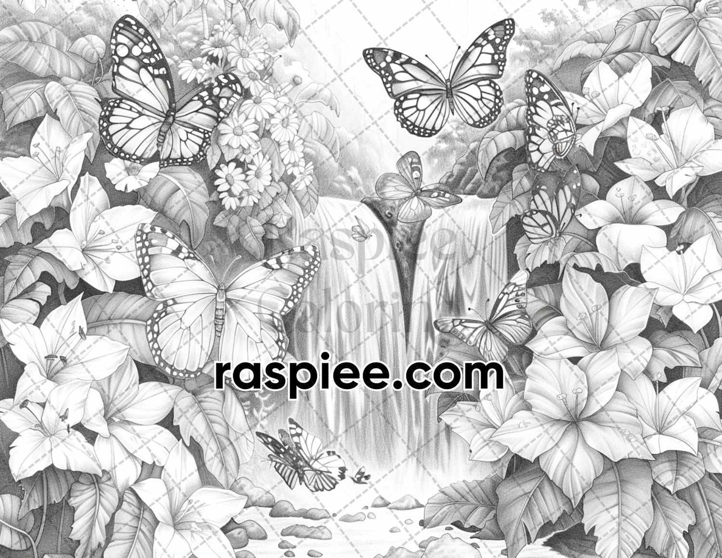 65 Rainforest Waterfall Grayscale Adult Coloring Pages, Printable PDF Instant Download
