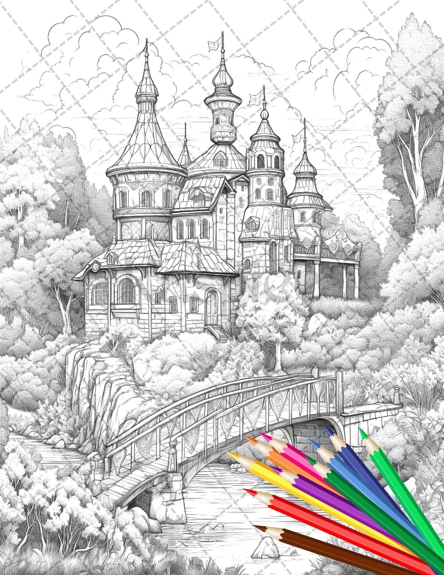 122 Fantasy Castles Coloring Book for Adults, Grayscale Coloring Page, Printable PDF Instant Download