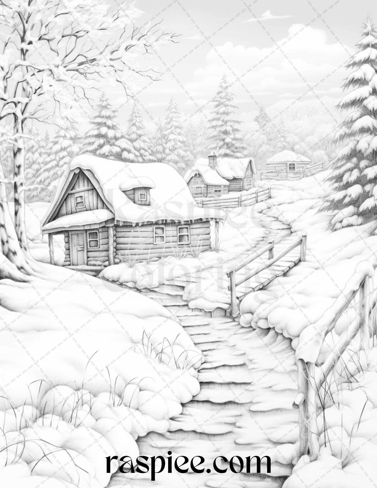 Winter Scenery Grayscale Coloring Pages Printable, Relaxing Snowy Landscapes, PDF File Instant Download