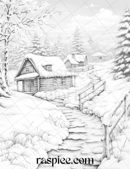 Winter Scenery Grayscale Coloring Pages Printable, Relaxing Snowy Landscapes, PDF File Instant Download