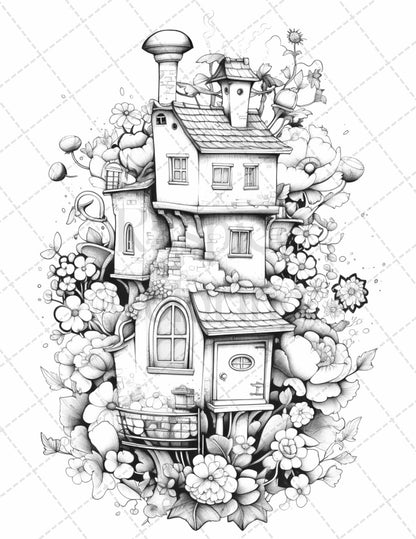 60 Flower Houses Grayscale Coloring Pages Printable for Adults, PDF File Instant Download