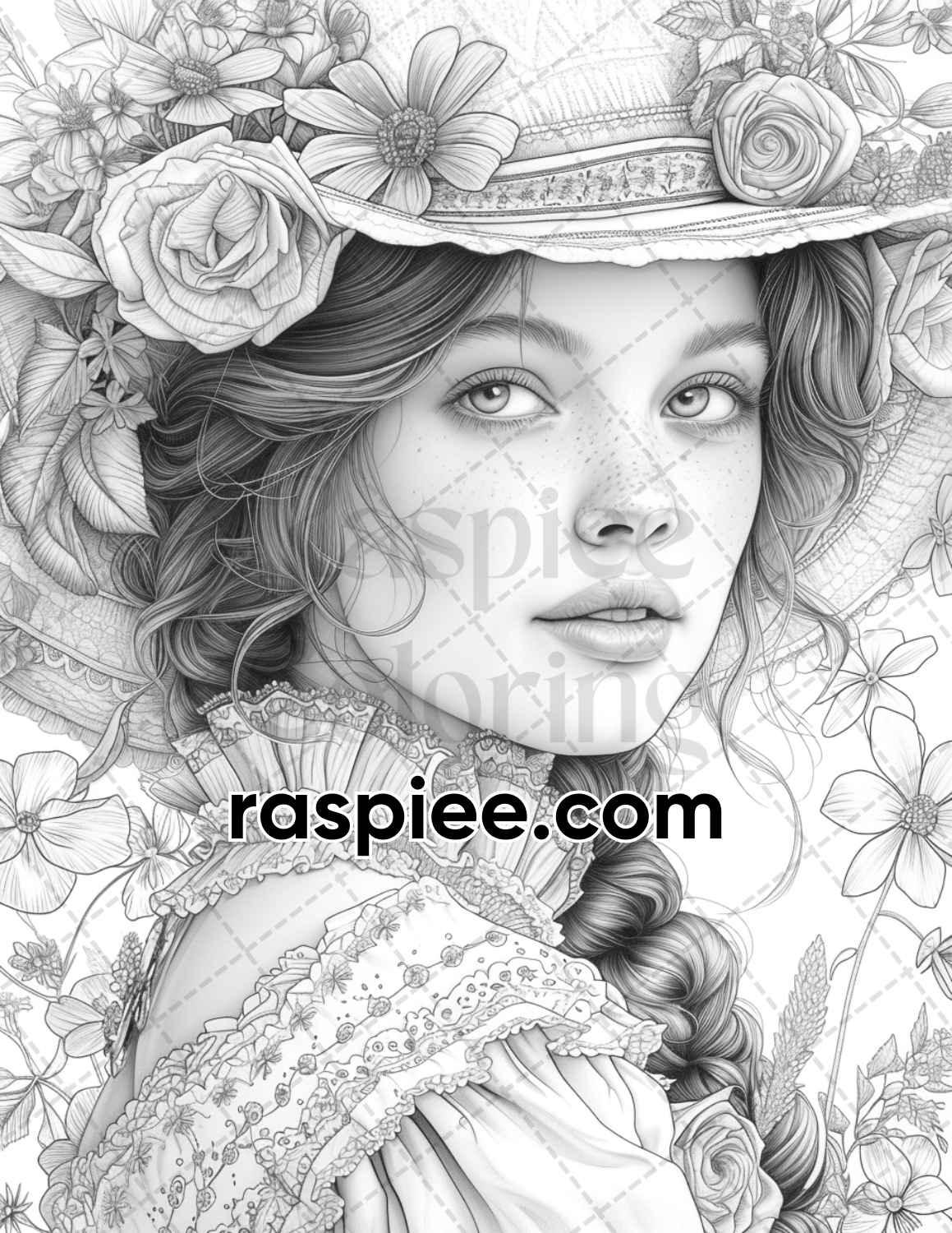 62 Spring Victorian Girl Portraits Grayscale Adult Coloring Pages, Printable PDF Instant Download