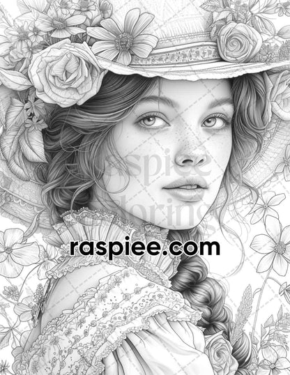 62 Spring Victorian Girl Portraits Grayscale Adult Coloring Pages, Printable PDF Instant Download