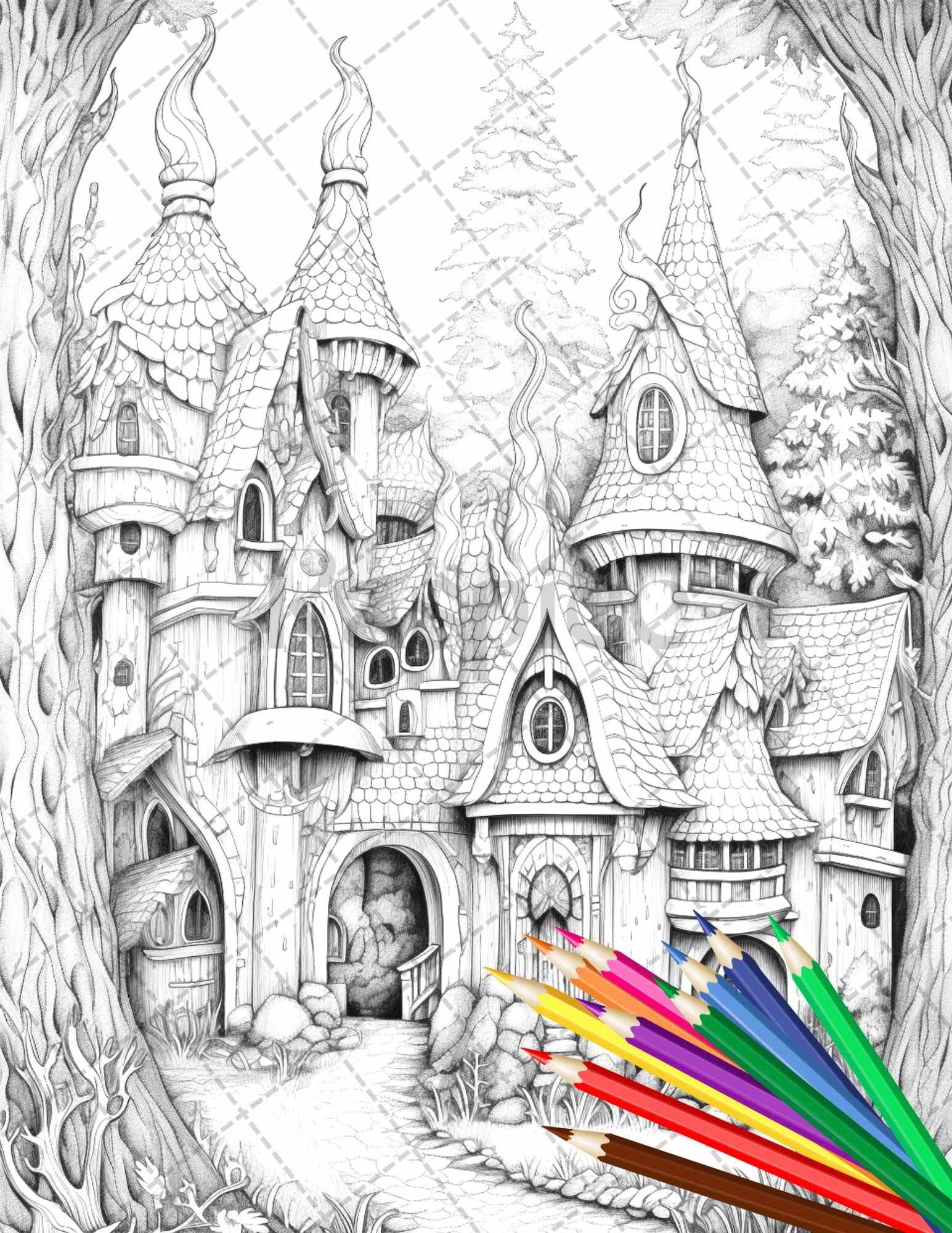 63 Winter Fairy Houses Grayscale Coloring Pages Printable for Adults, PDF File Instant Download