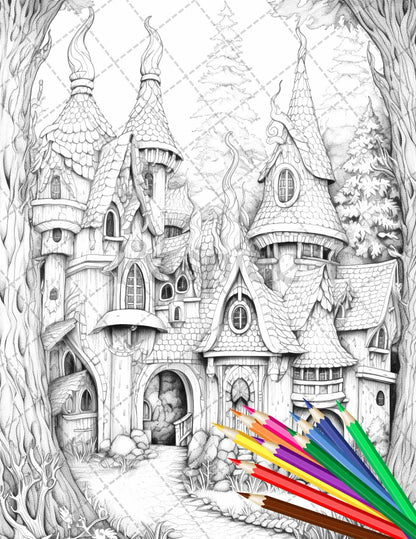 63 Winter Fairy Houses Grayscale Coloring Pages Printable for Adults, PDF File Instant Download
