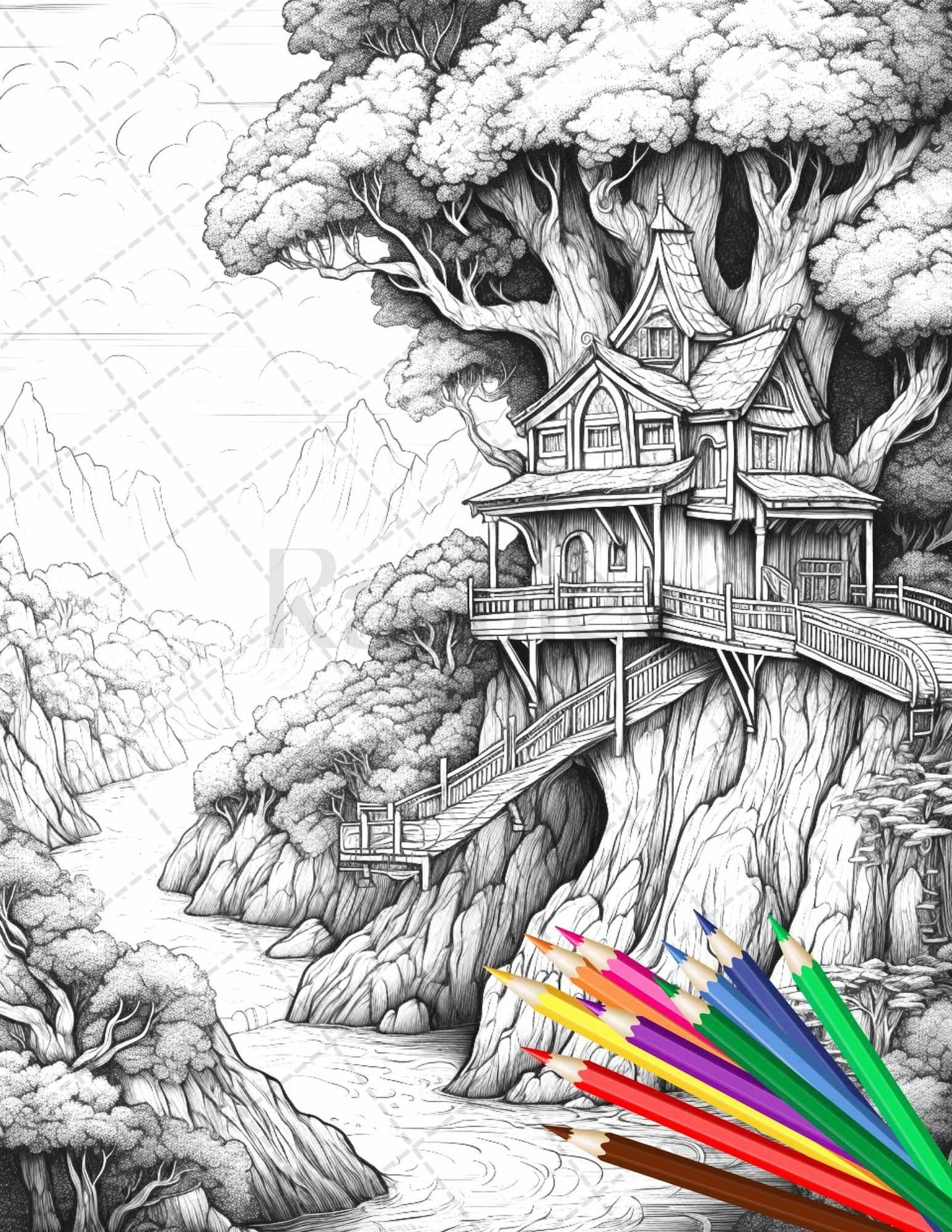 110 Enchanted Treehouse Coloring Book Printable for Adults, Grayscale Coloring Page, PDF File Instant Download
