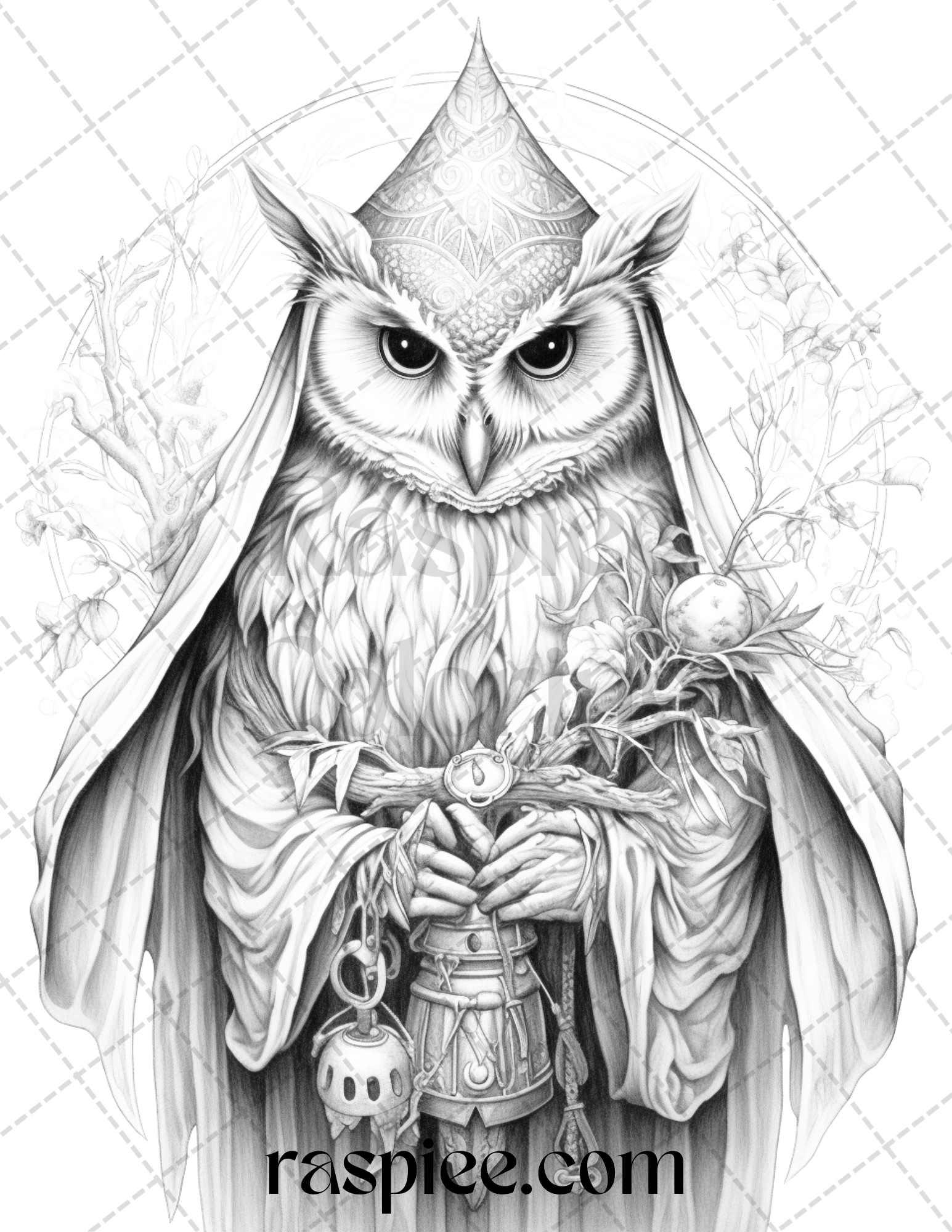 Halloween Witch Owl Grayscale Coloring Pages for Adults and Kids, Printable PDF Instant Download