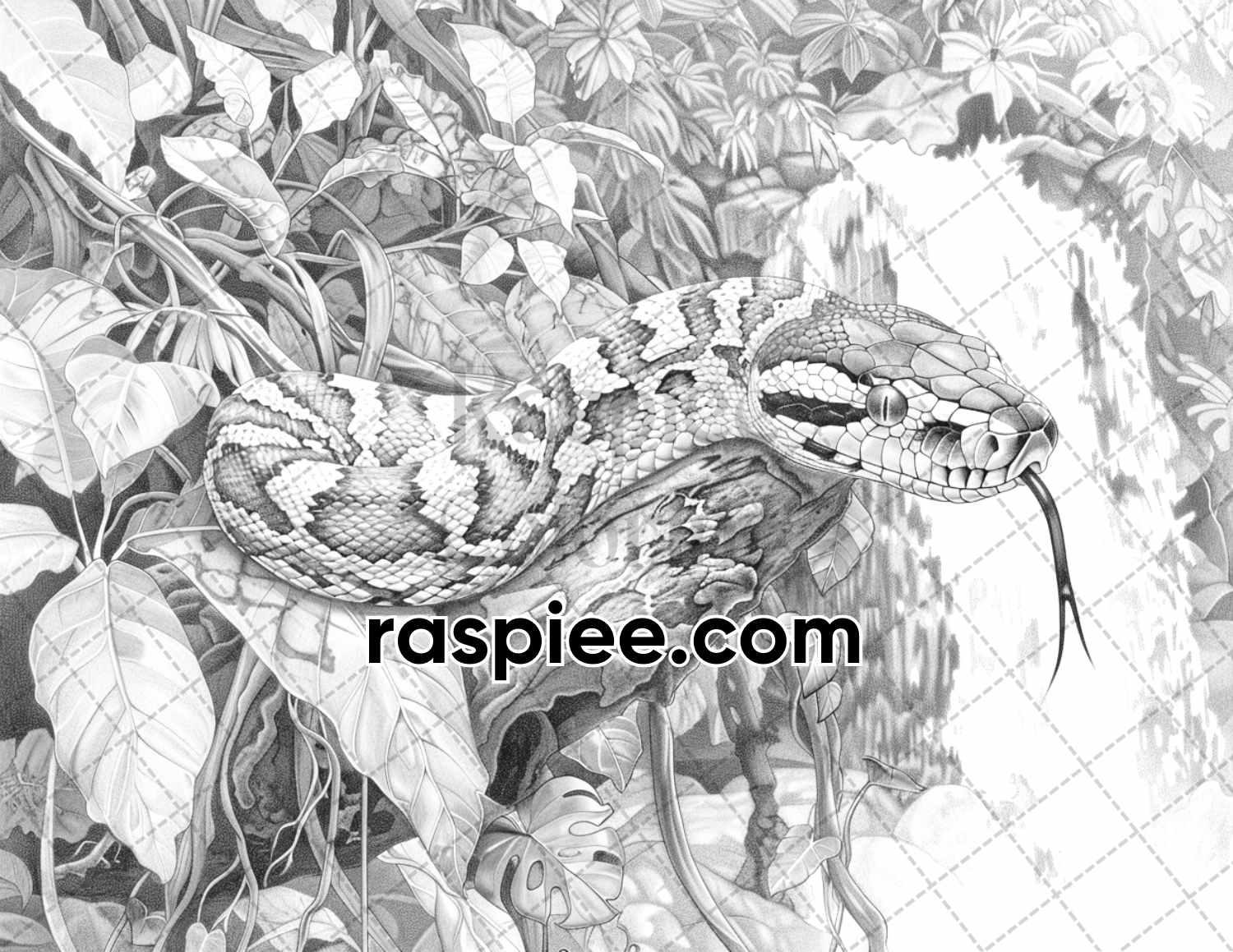 65 Rainforest Waterfall Grayscale Adult Coloring Pages, Printable PDF Instant Download