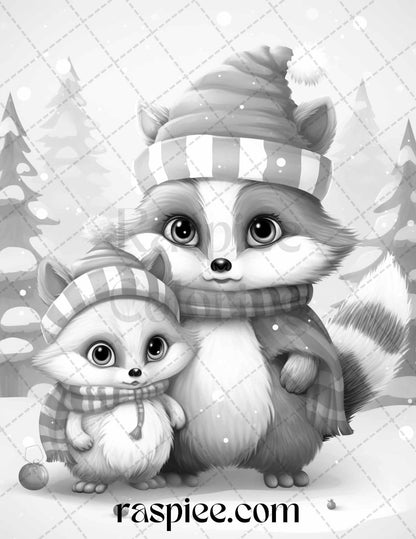 70 Christmas Critters Grayscale Coloring Pages Printable for Adults and Kids, PDF File Instant Download