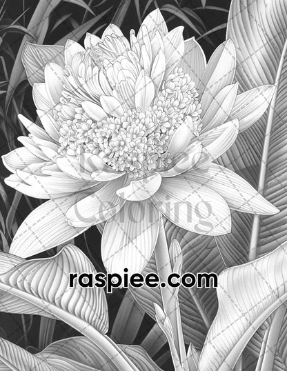 65 Tropical Flowers Grayscale Adult Coloring Pages Printable PDF Instant Download