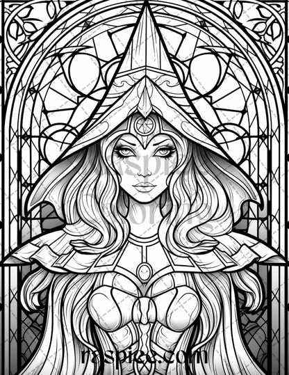 70 Halloween Stained Glass Grayscale Coloring Pages Printable for Adults, PDF File Instant Download