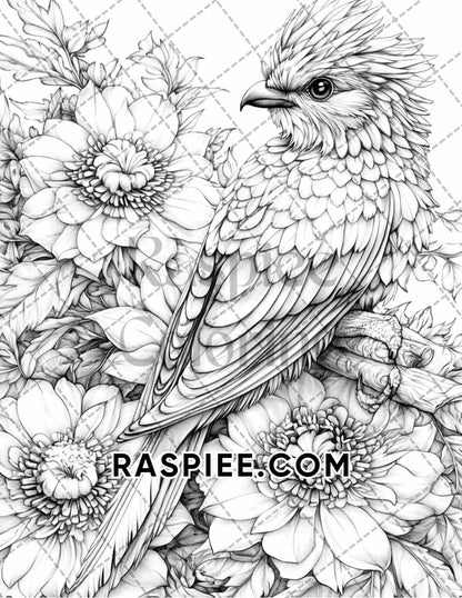 Flowers and Birds Adult Coloring Pages Printable PDF Instant Download