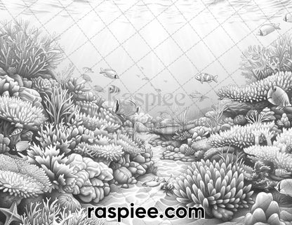 65 Coastal Landscapes Grayscale Adult Coloring Pages, Printable PDF Instant Download