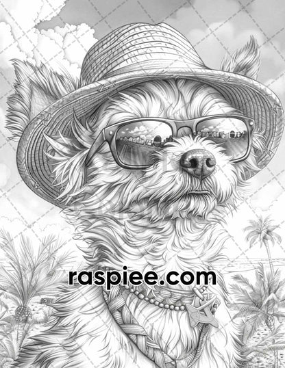 90 Summer Dogs Grayscale Adult Coloring Pages, Printable PDF Instant Download
