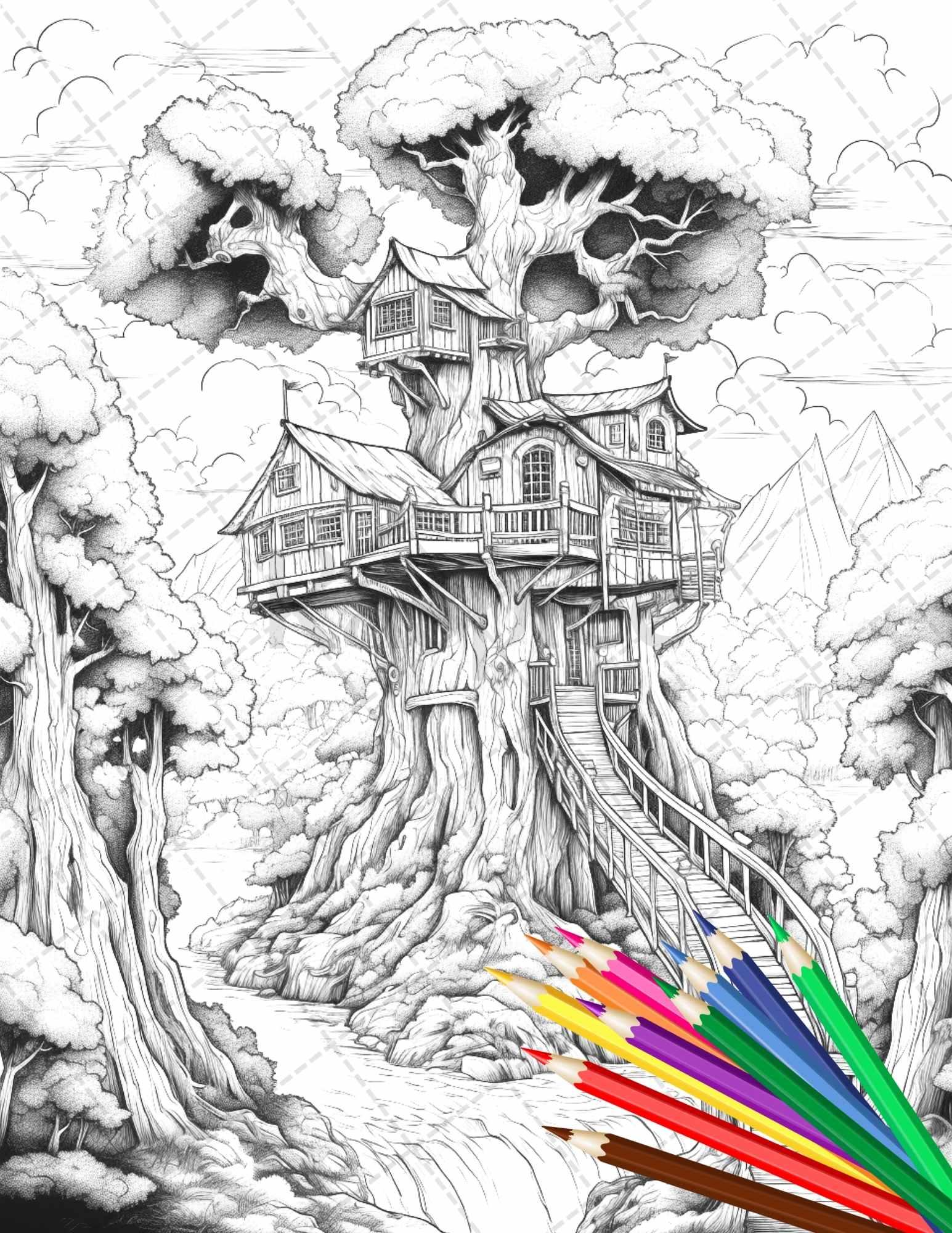 110 Enchanted Treehouse Coloring Book Printable for Adults, Grayscale Coloring Page, PDF File Instant Download