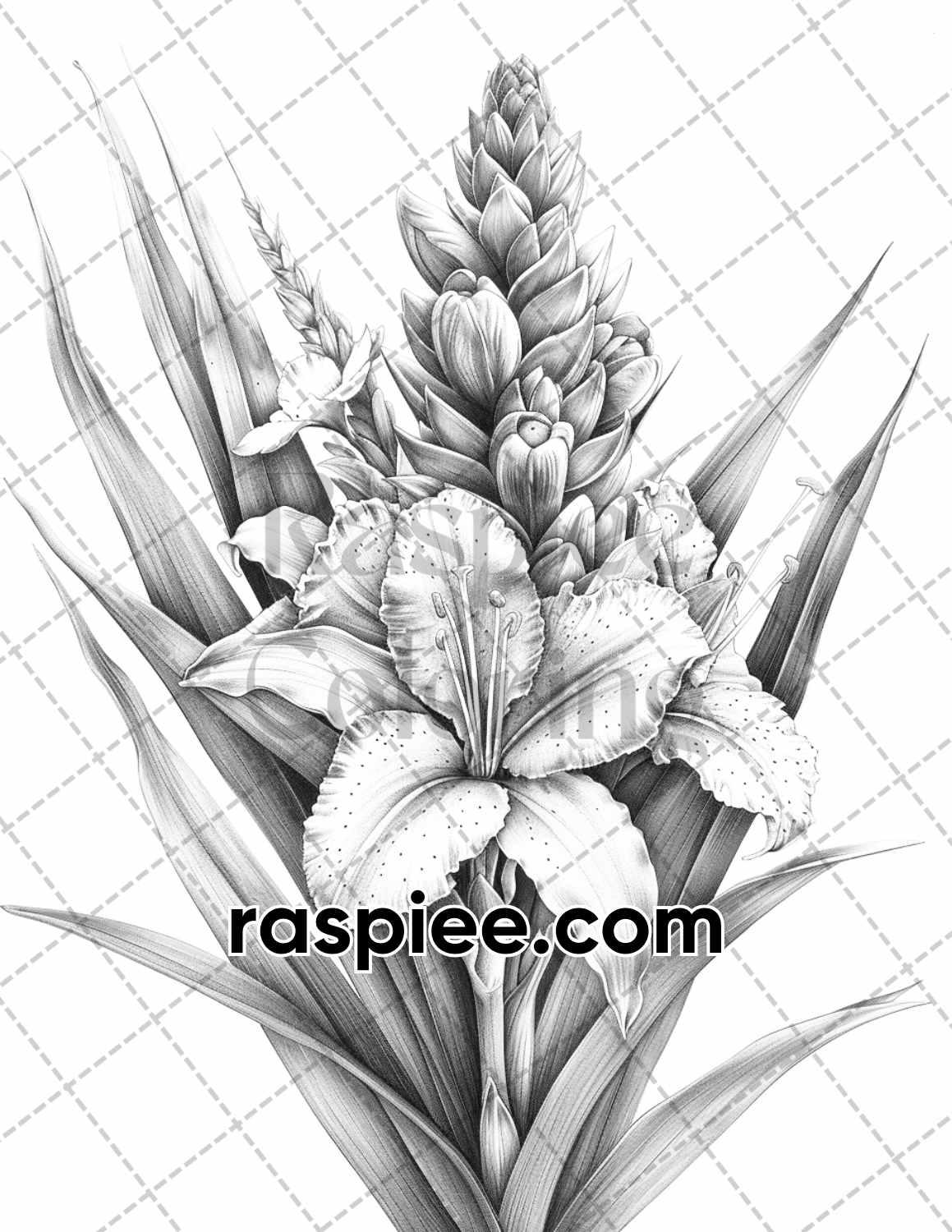 65 Tropical Flowers Grayscale Adult Coloring Pages Printable PDF Instant Download