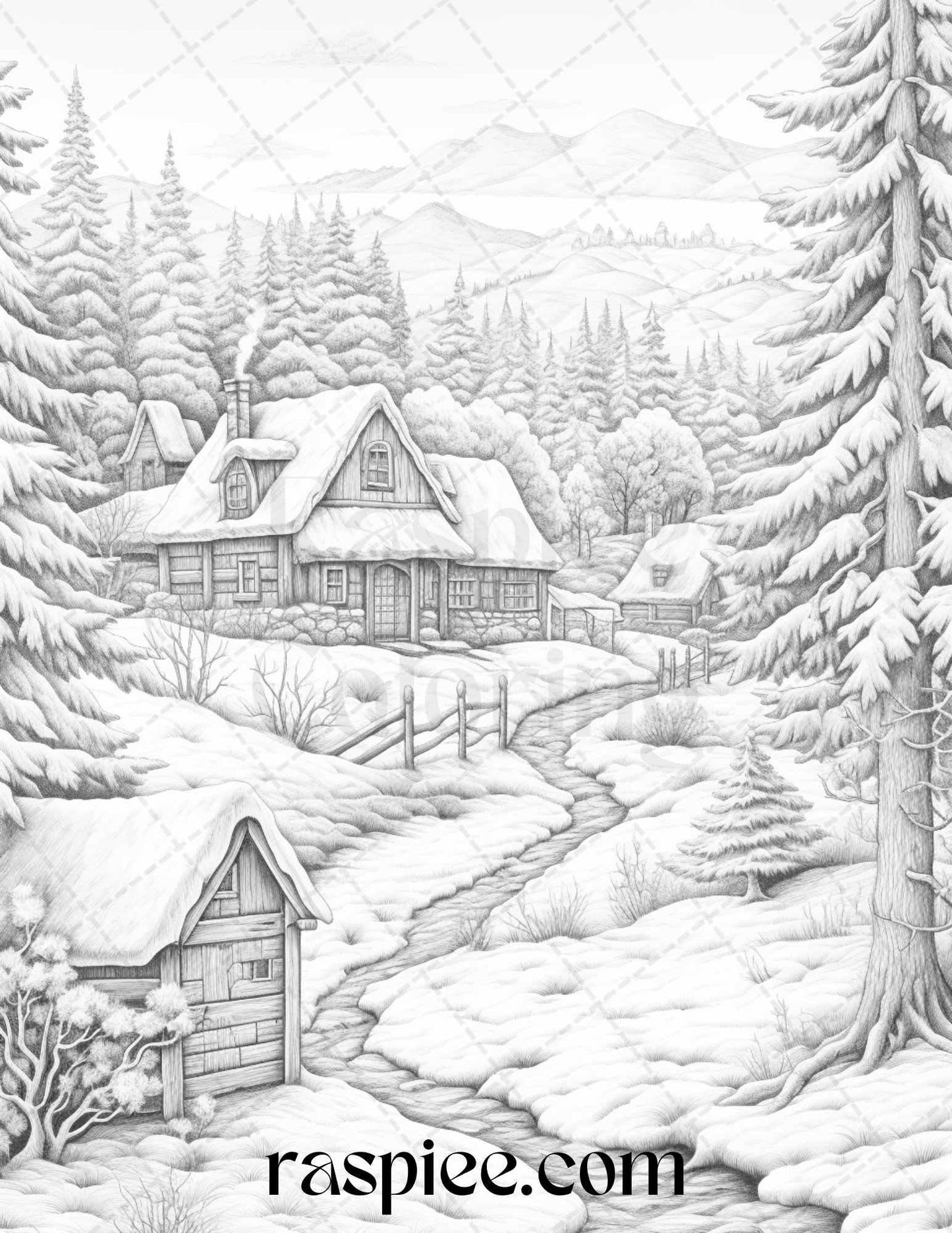 Winter Scenery Grayscale Coloring Pages Printable, Relaxing Snowy Landscapes, PDF File Instant Download