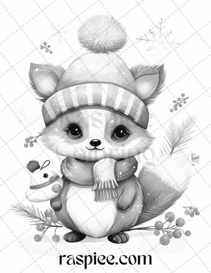 70 Christmas Critters Grayscale Coloring Pages Printable for Adults and Kids, PDF File Instant Download