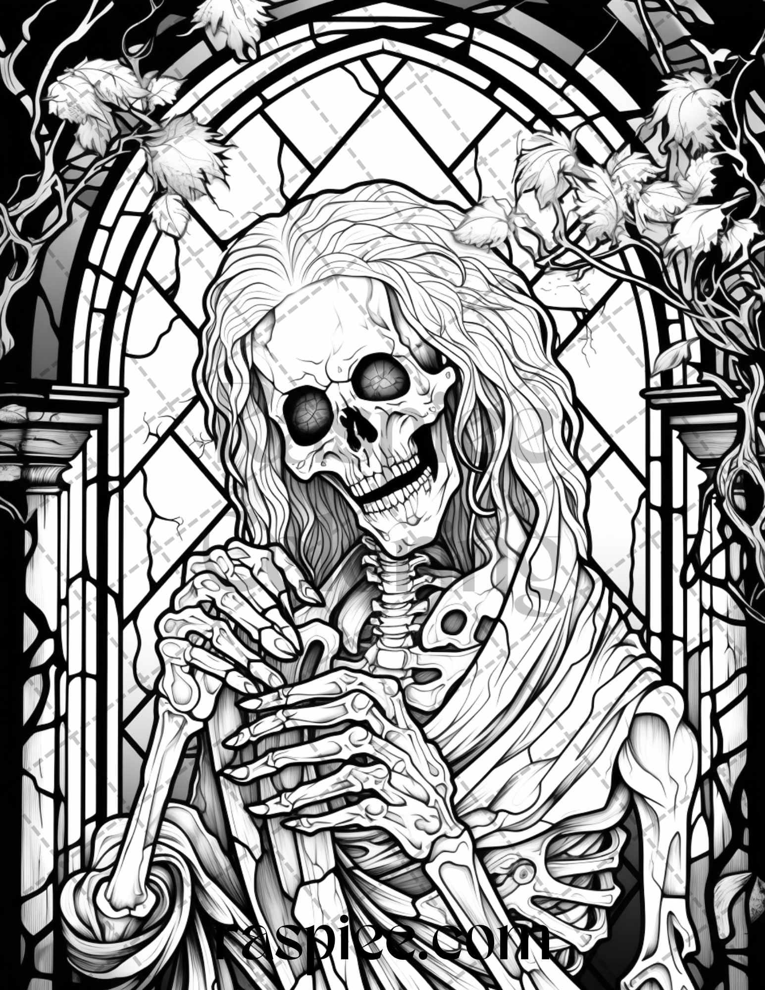 70 Halloween Stained Glass Grayscale Coloring Pages Printable for Adults, PDF File Instant Download