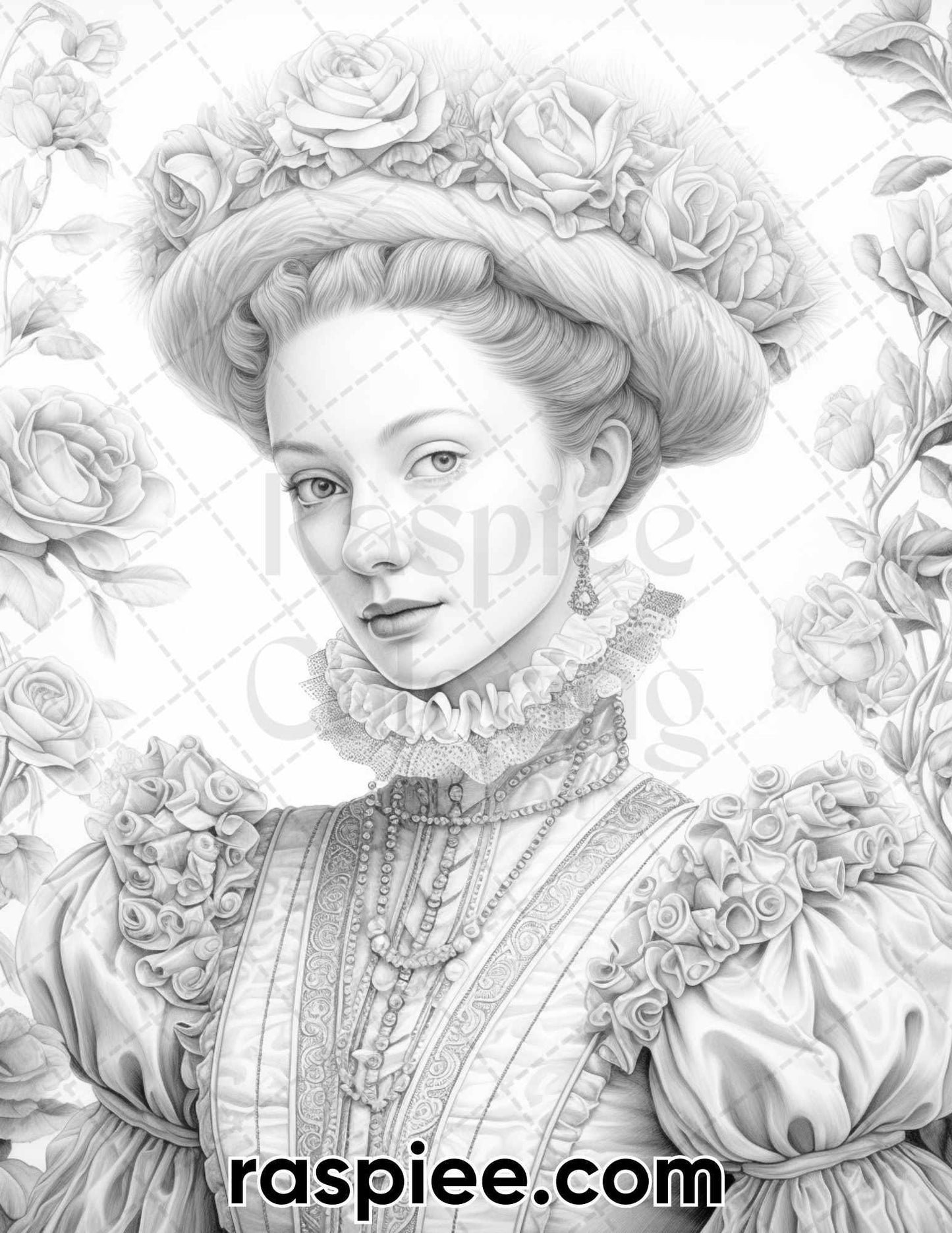 65 Elizabethan Women Portraits Grayscale Adult Coloring Pages, Printable PDF Instant Download