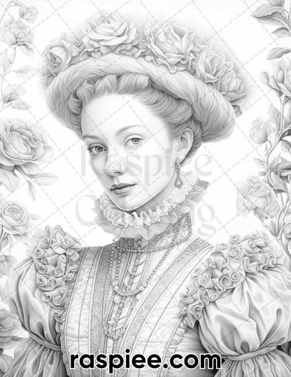 65 Elizabethan Women Portraits Grayscale Adult Coloring Pages, Printable PDF Instant Download